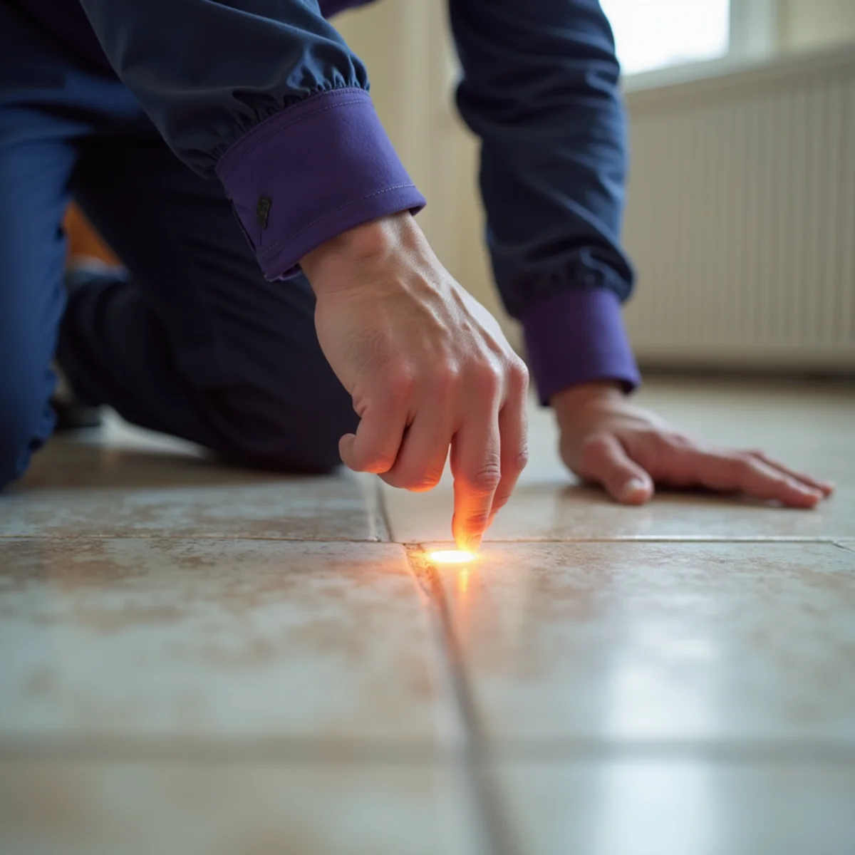 Warm spot on a tile floor from a hot-water slab leak in a Grapevine TX home