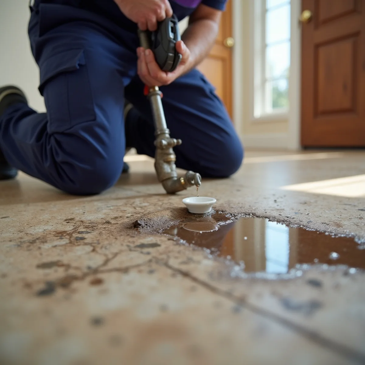 Warped and damp flooring above a slab leak in a Grapevine TX home