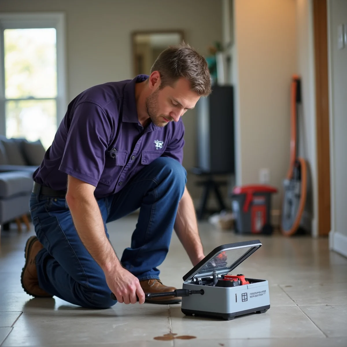 Plumber using electronic leak detection equipment on a slab floor in a Flower Mound TX home