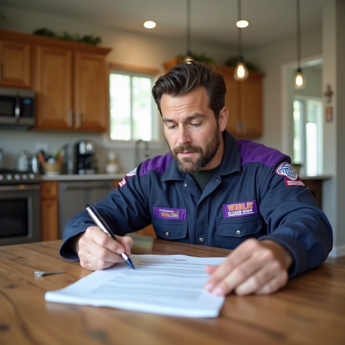 Homeowner reviewing a Texas homeowners insurance policy at a kitchen table while assessing slab leak coverage