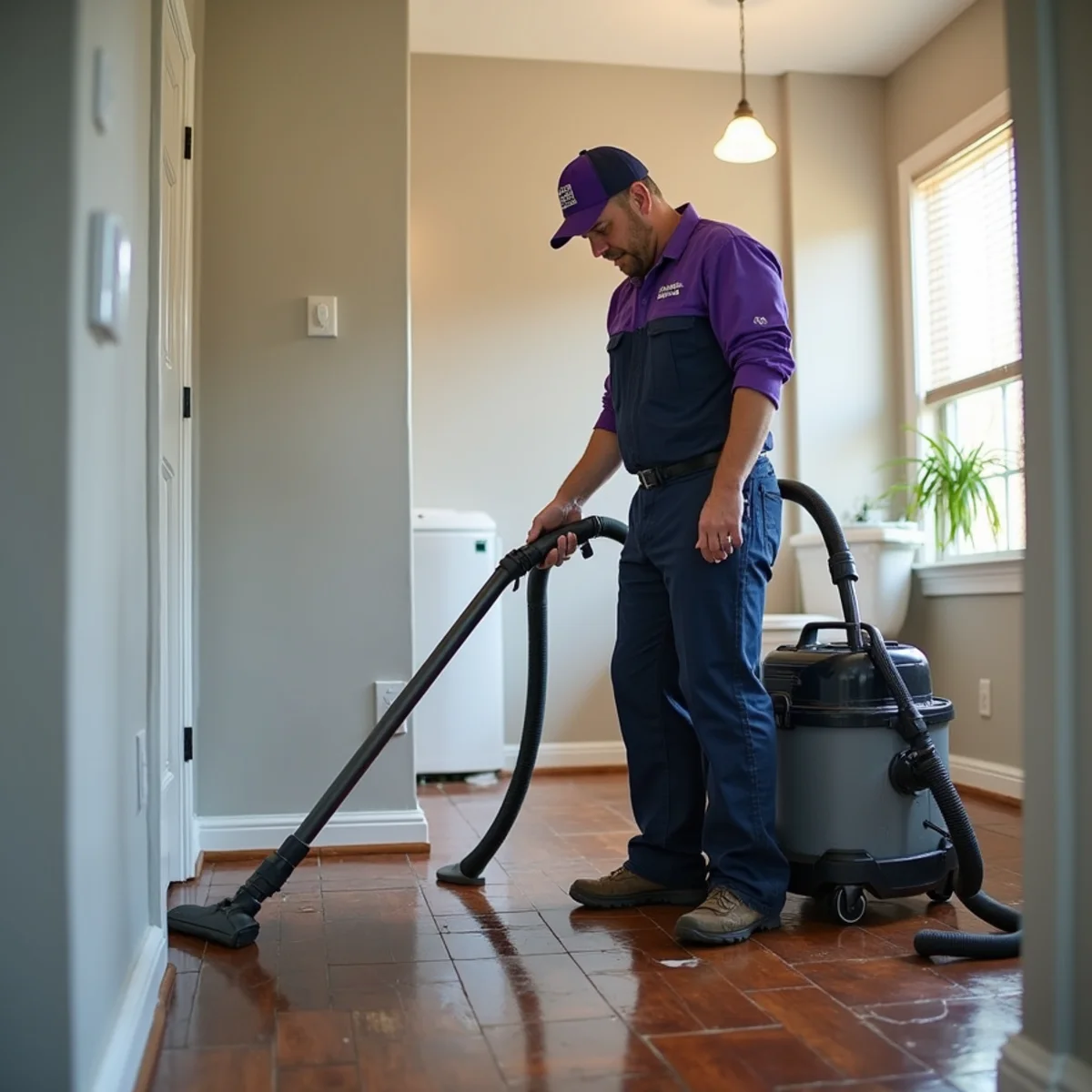 Homeowner using a wet-dry vacuum to extract standing water from a flooded bathroom floor