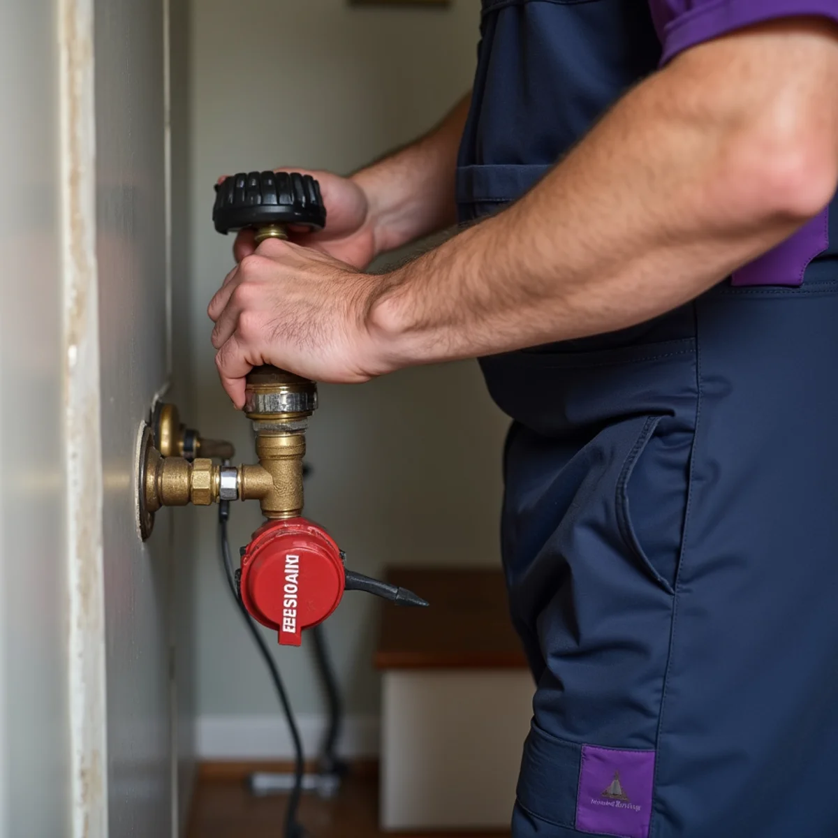 Homeowner shutting off the main water valve during a burst pipe in a Grapevine TX home