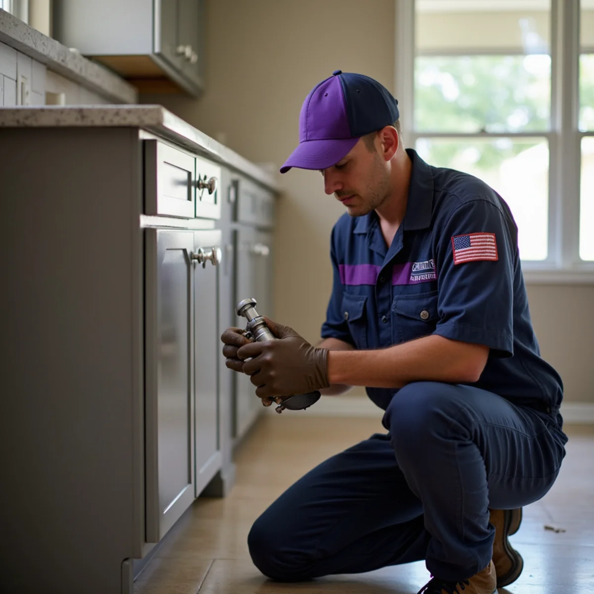 Property manager inspecting under-sink plumbing in a DFW rental unit in Irving TX