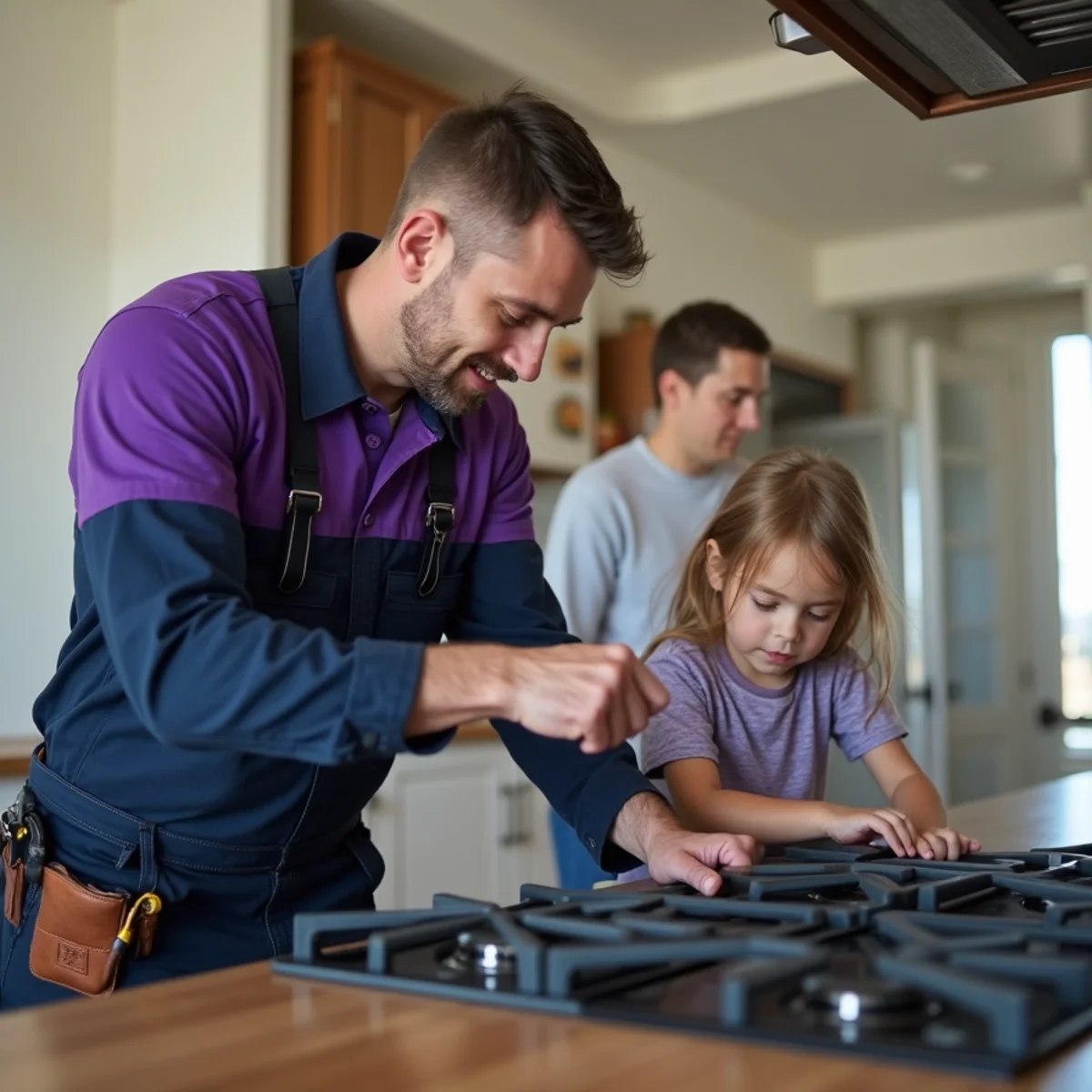 Family evacuating a home safely after smelling natural gas near a kitchen range