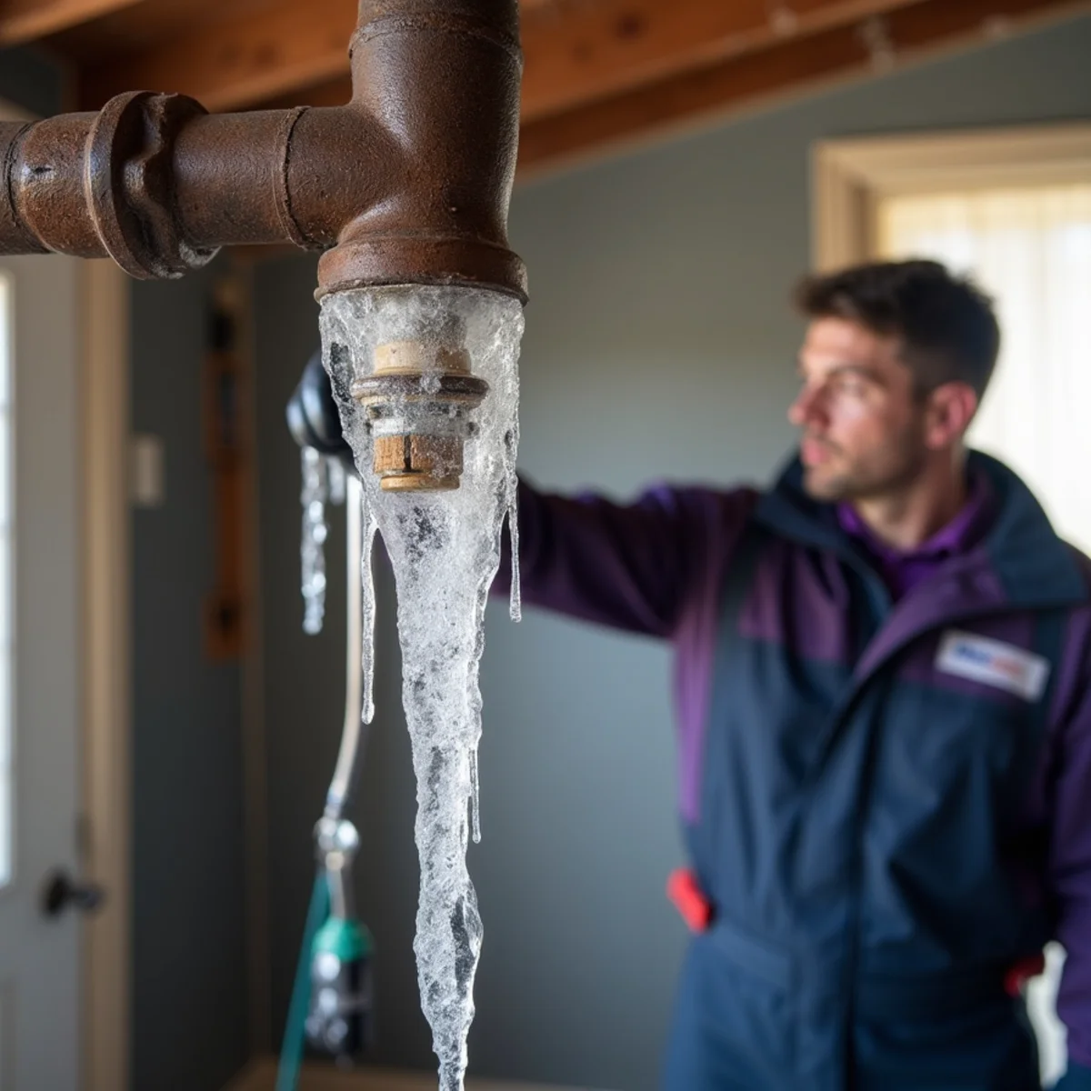 Frozen burst pipe with icicles inside a Grapevine Texas home after a hard freeze