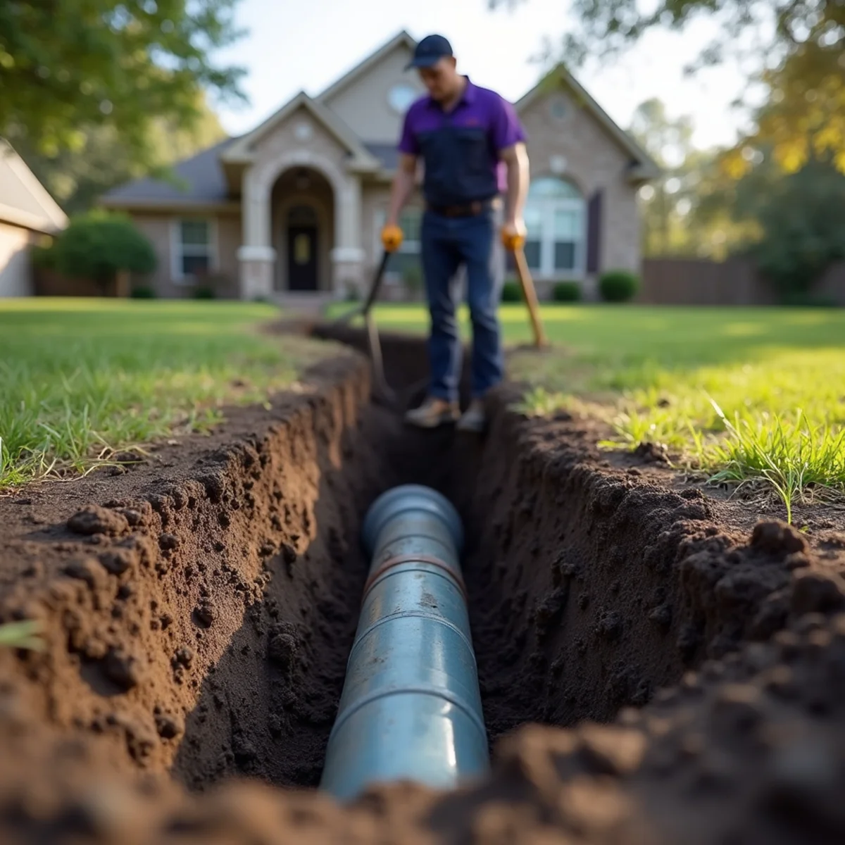Cracked dry black clay soil around an exposed underground pipe in a Tarrant County yard