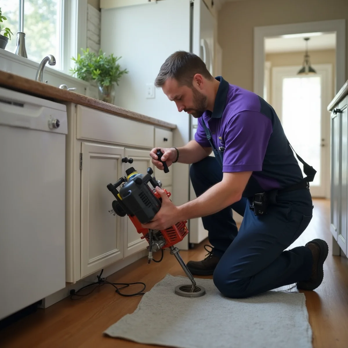 Plumber running a drain machine to clear a clogged kitchen line in Grapevine TX