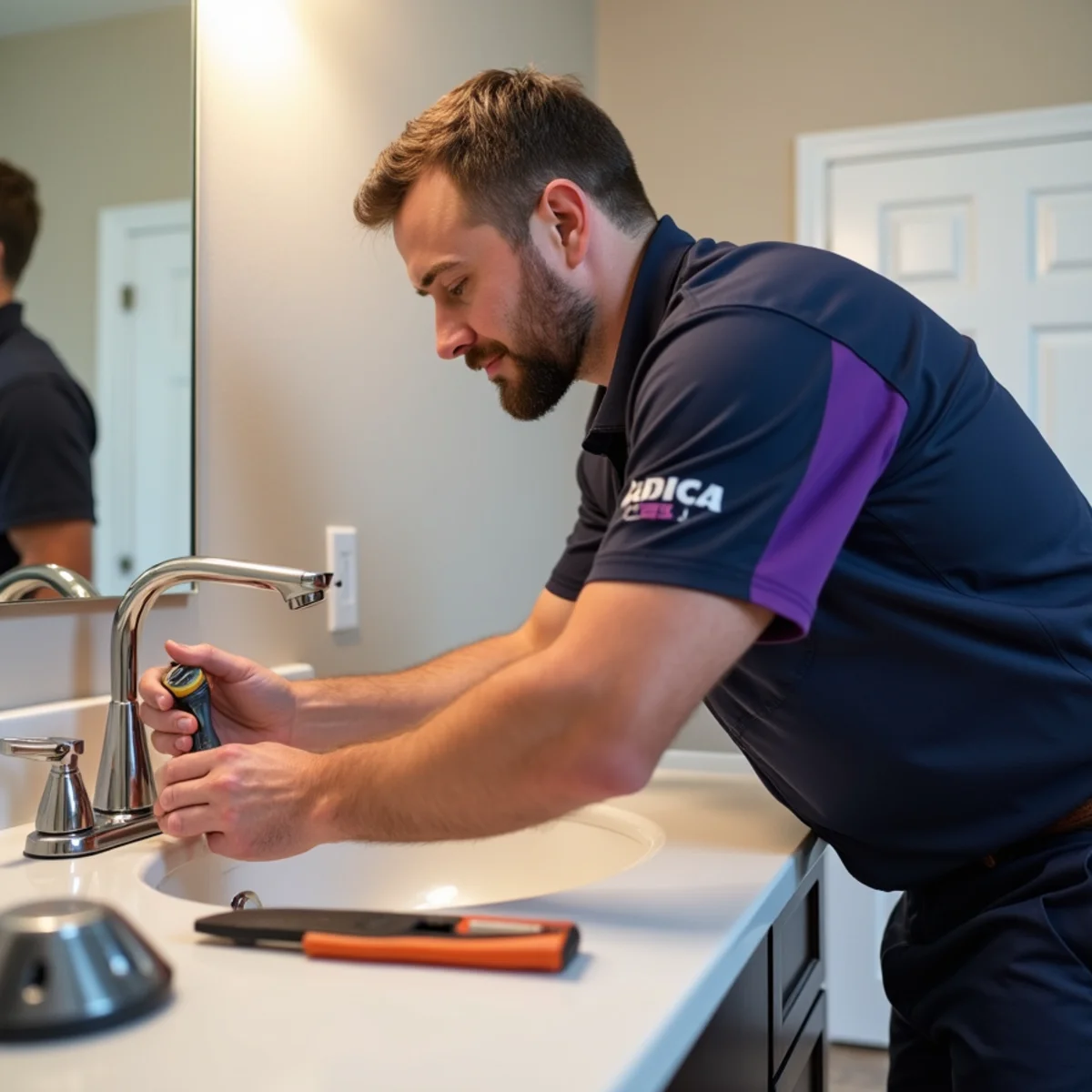 Plumber repairing a leaking bathroom faucet in a Grapevine TX home