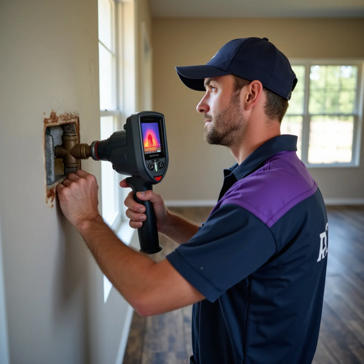 Plumber using acoustic equipment for hidden leak detection in a Grapevine TX home