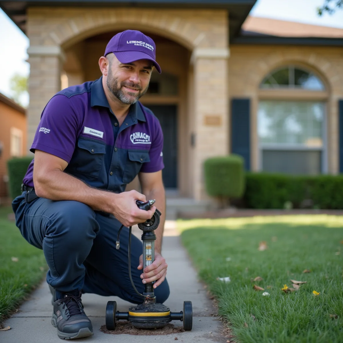 Plumber replacing a cast-iron sewer lateral at a 1960s Garland TX tract home