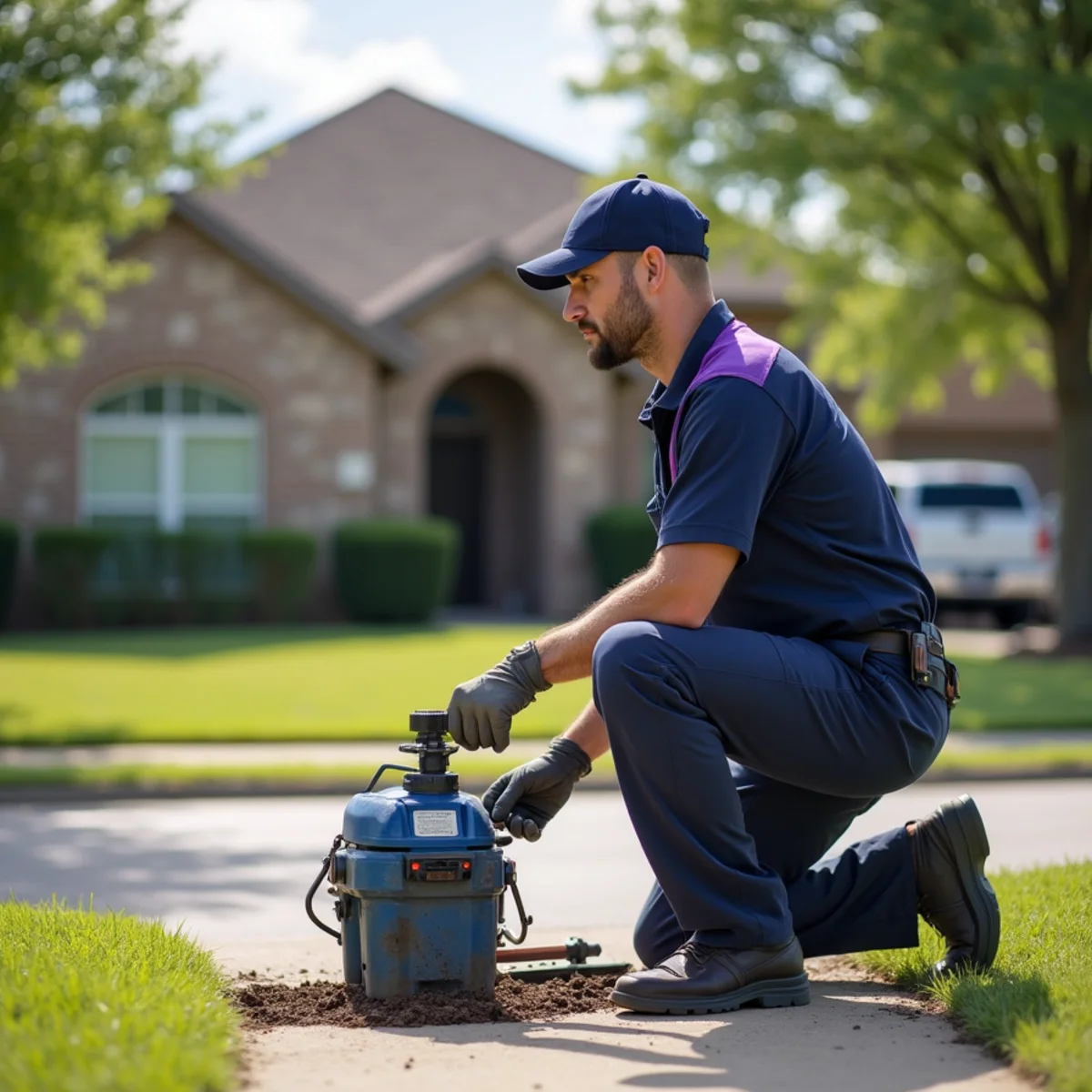 Plumber servicing a sewer line at a south Irving TX home