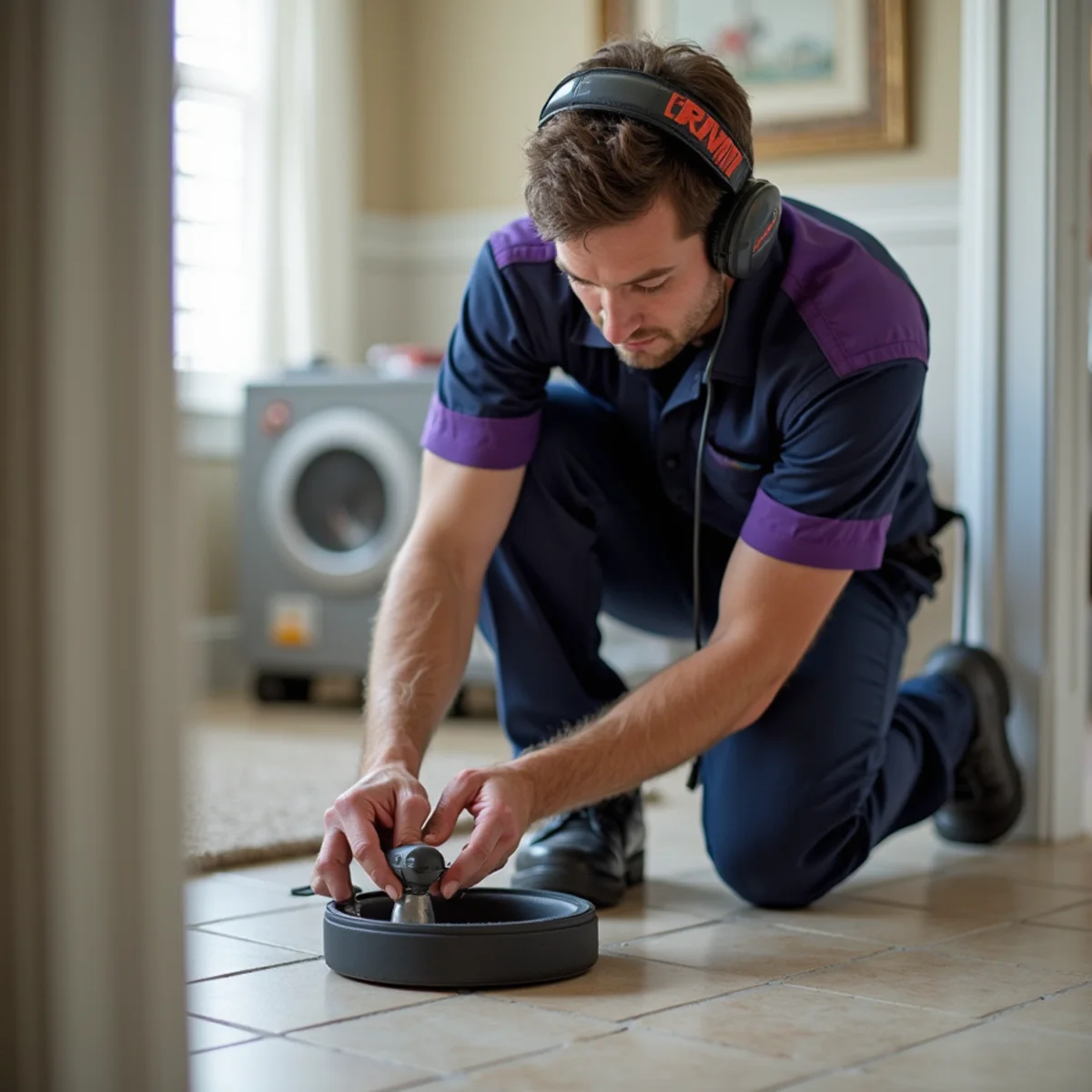 Plumber using electronic leak detection to find a slab leak in a Grapevine TX home