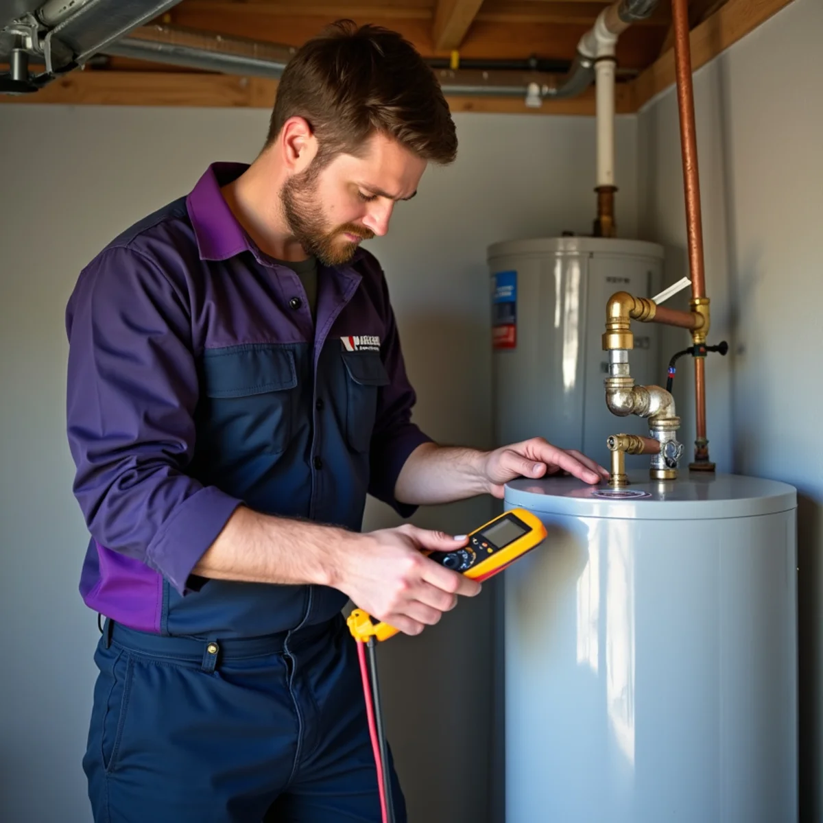 Plumber servicing a tank water heater in a Grapevine TX garage